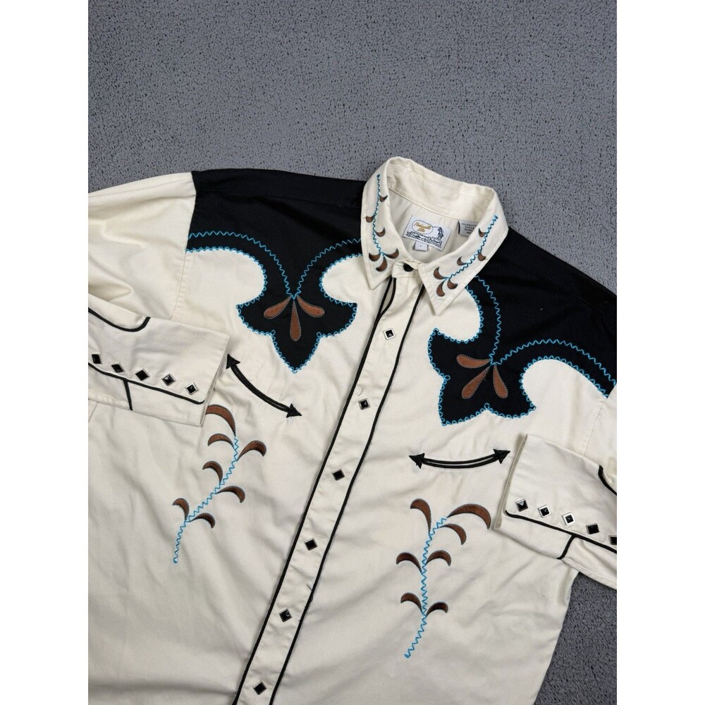 Vintage Panhandle Slim Western Shirt Mens L Embroidered Pearl Snap Pockets Yoke